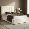 [Beige | Double] Winged ottoman storage bed angled room view with winged vertical panel headboard and bedding