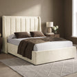 [Beige | Double] Winged ottoman storage bed angled room view with winged vertical panel headboard and bedding
