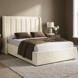 [Beige | Double] Winged ottoman storage bed angled room view with winged vertical panel headboard and bedding