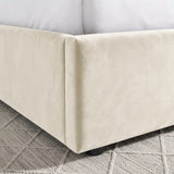 [Beige | Double] Close-up of padded footboard corner showing plush fabric and Elevated bed base detail