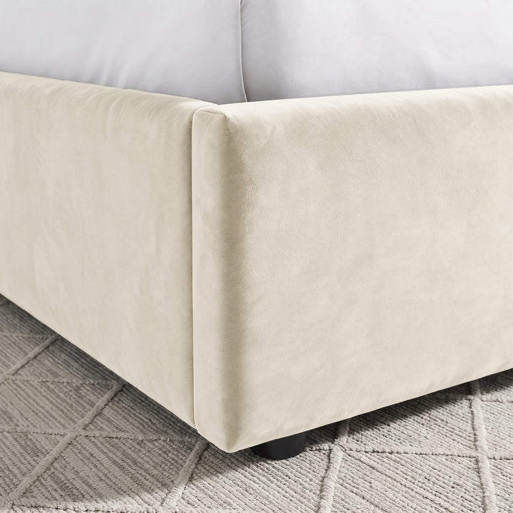 [Beige | Double] Close-up of padded footboard corner showing plush fabric and Elevated bed base detail