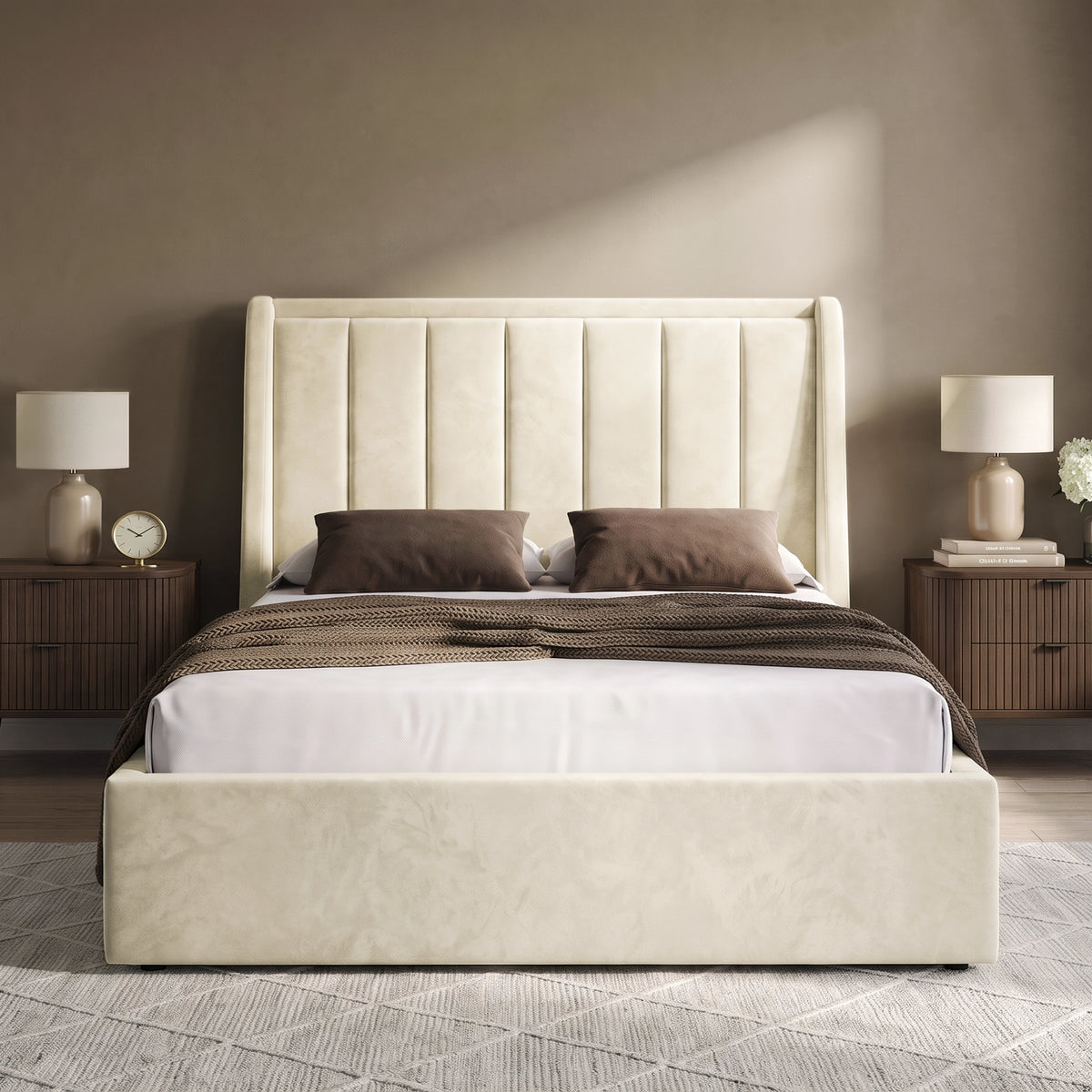 [Beige | Double] Winged ottoman storage bed front view with winged vertical panel headboard and footboard