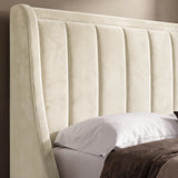 [Beige | Double] Close-up of padded winged vertical panel headboard in plush velvet fabric