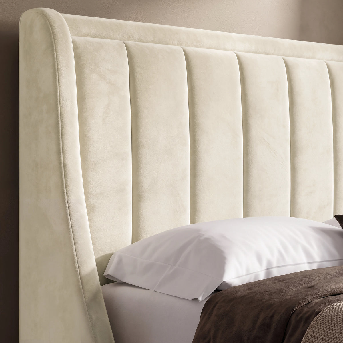 [Beige | Double] Close-up of padded winged vertical panel headboard in plush velvet fabric