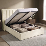 [Beige | Double] Winged ottoman storage bed open with gas-lift frame, slats and under-bed storage