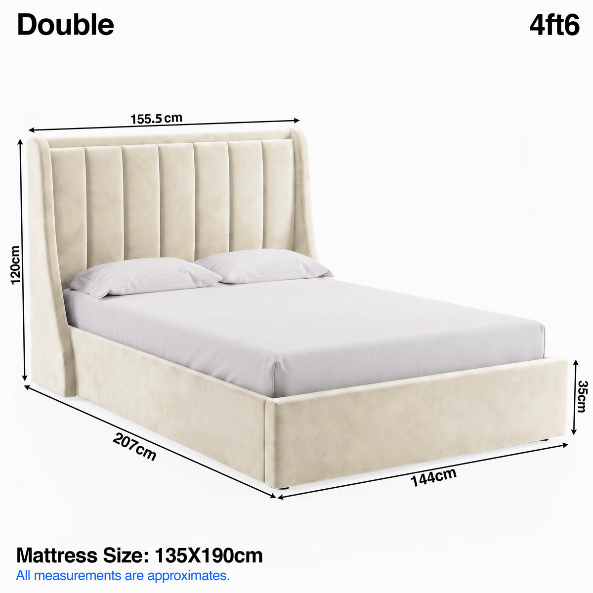 [Beige | Double] Bed dimensions: frame 155.5W x 207L x 120H cm, footboard 35 cm; mattress 135 x 190 cm