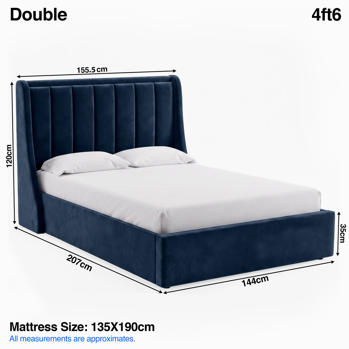 [Blue | Double] Bed dimensions: frame 155.5W x 207L x 120H cm, footboard 35 cm; mattress 135 x 190 cm