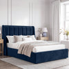 [Blue | Double] Winged ottoman storage bed angled room view with winged vertical panel headboard and bedding
