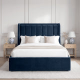 [Blue | Double] Winged ottoman storage bed front view with winged vertical panel headboard and footboard