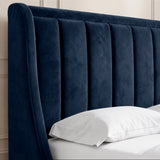 [Blue | Double] Close-up of padded winged vertical panel headboard in plush velvet fabric