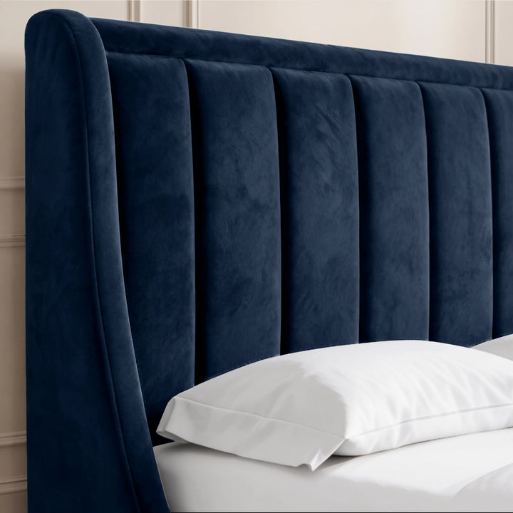 [Blue | Double] Close-up of padded winged vertical panel headboard in plush velvet fabric