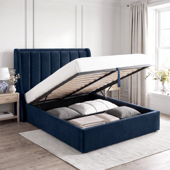 [Blue | Double] Winged ottoman storage bed open with gas-lift frame, slats and under-bed storage