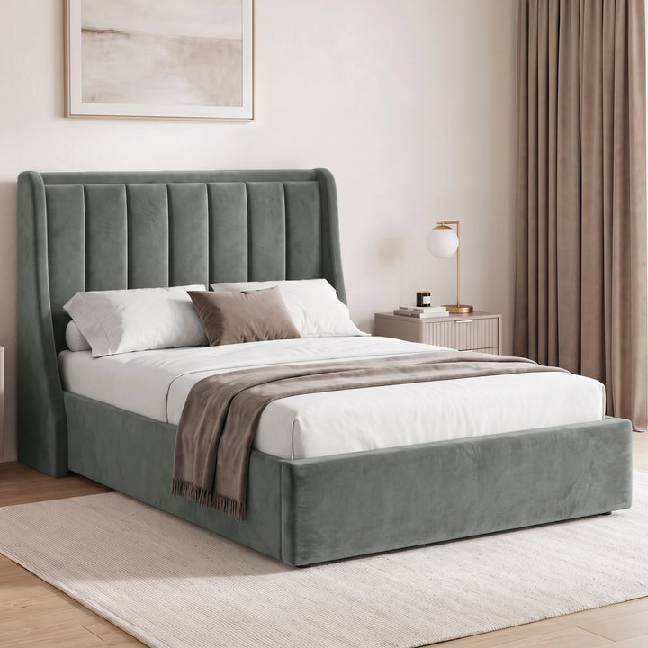 [Grey | Double] Winged ottoman storage bed angled room view with winged vertical panel headboard and bedding