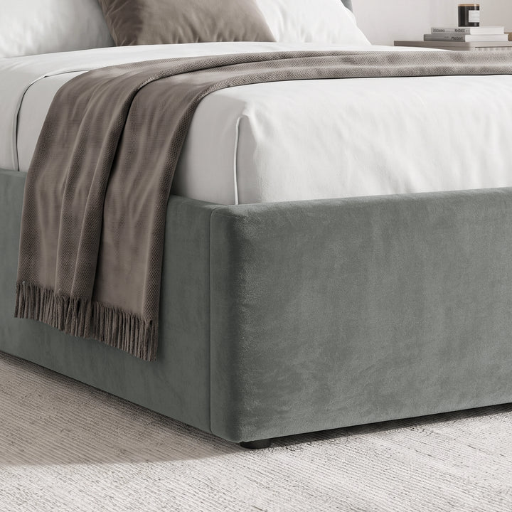 [Grey | Double] Close-up of padded footboard corner showing plush fabric and Elevated bed base detail
