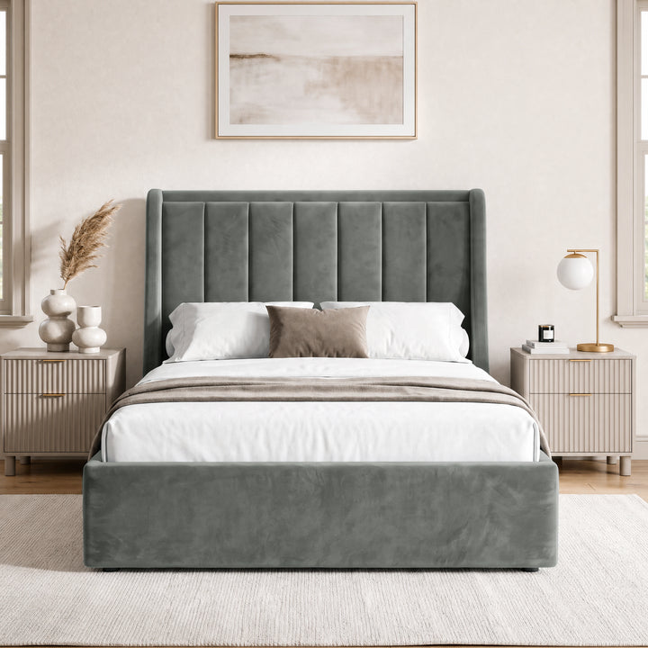 [Grey | Double] Winged ottoman storage bed front view with winged vertical panel headboard and footboard