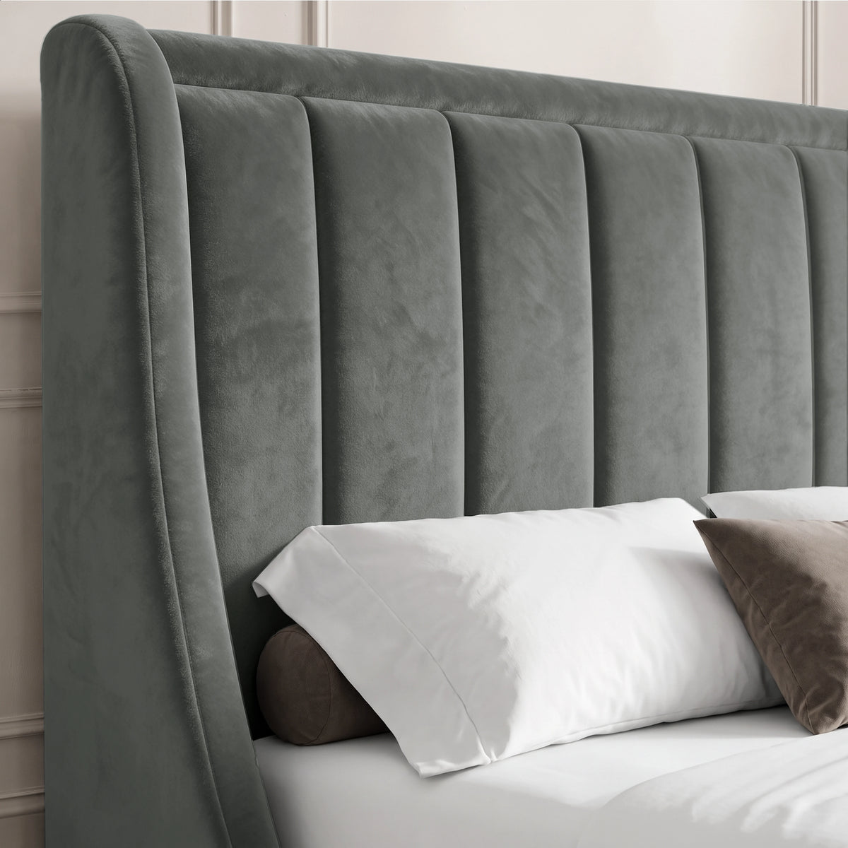 [Grey | Double] Close-up of padded winged vertical panel headboard in plush velvet fabric