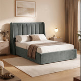[Grey | Double] Winged ottoman storage bed angled room view with winged vertical panel headboard and bedding