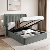 [Grey | Double] Winged ottoman storage bed open with gas-lift frame, slats and under-bed storage