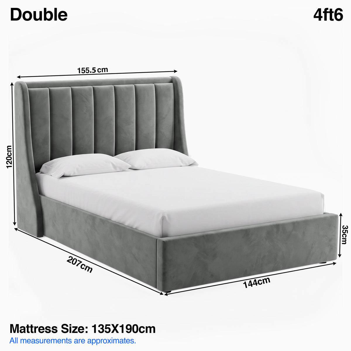 [Grey | Double] Bed dimensions: frame 155.5W x 207L x 120H cm, footboard 35 cm; mattress 135 x 190 cm