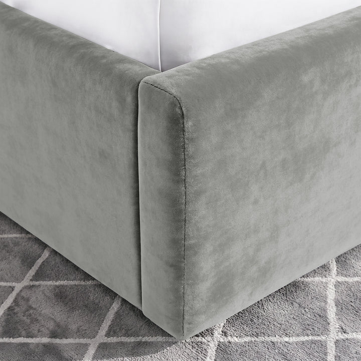 [Light Grey | Double] Close-up of padded footboard corner showing plush fabric and Elevated bed base detail