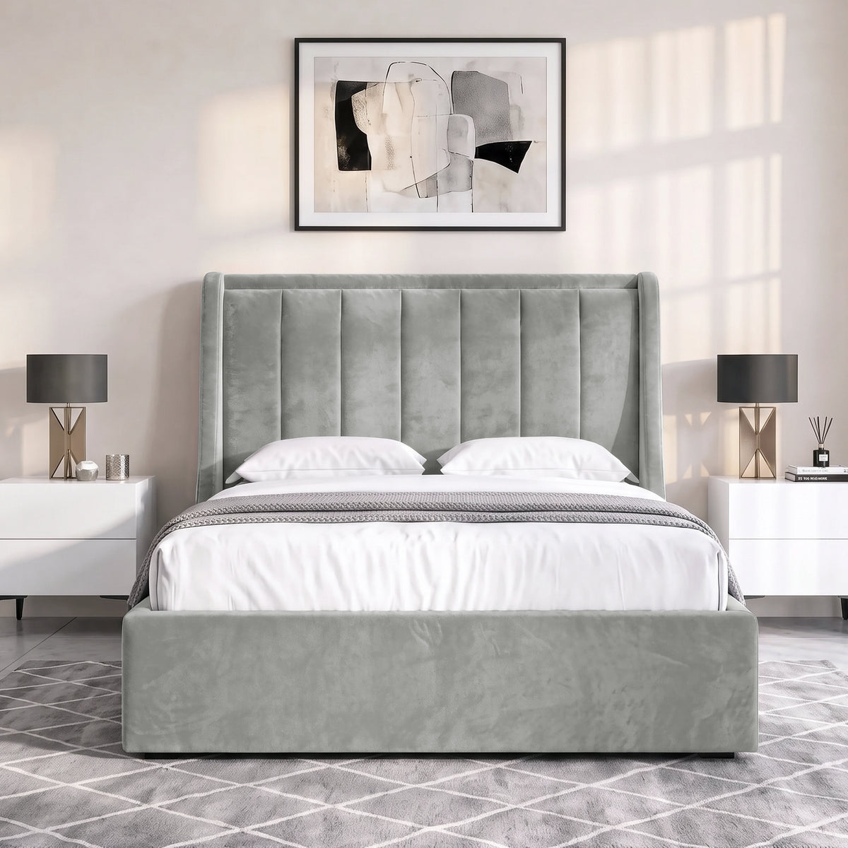 [Light Grey | Double] Winged ottoman storage bed front view with winged vertical panel headboard and footboard