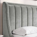 [Light Grey | Double] Close-up of padded winged vertical panel headboard in plush velvet fabric