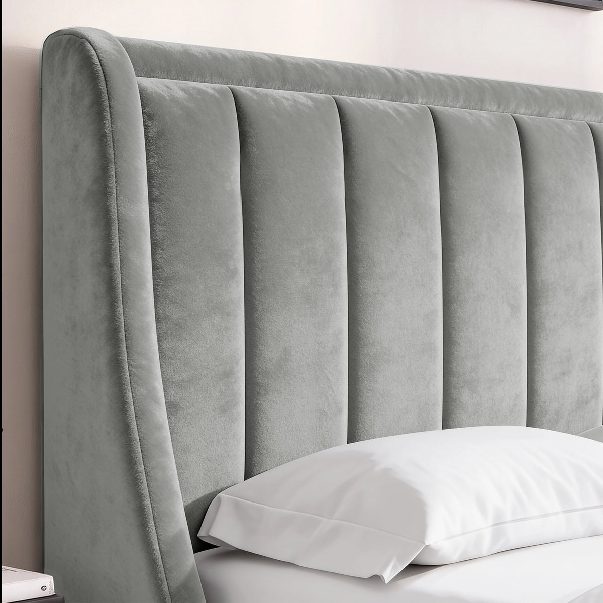 [Light Grey | Double] Close-up of padded winged vertical panel headboard in plush velvet fabric