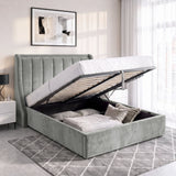 [Light Grey | Double] Winged ottoman storage bed open with gas-lift frame, slats and under-bed storage
