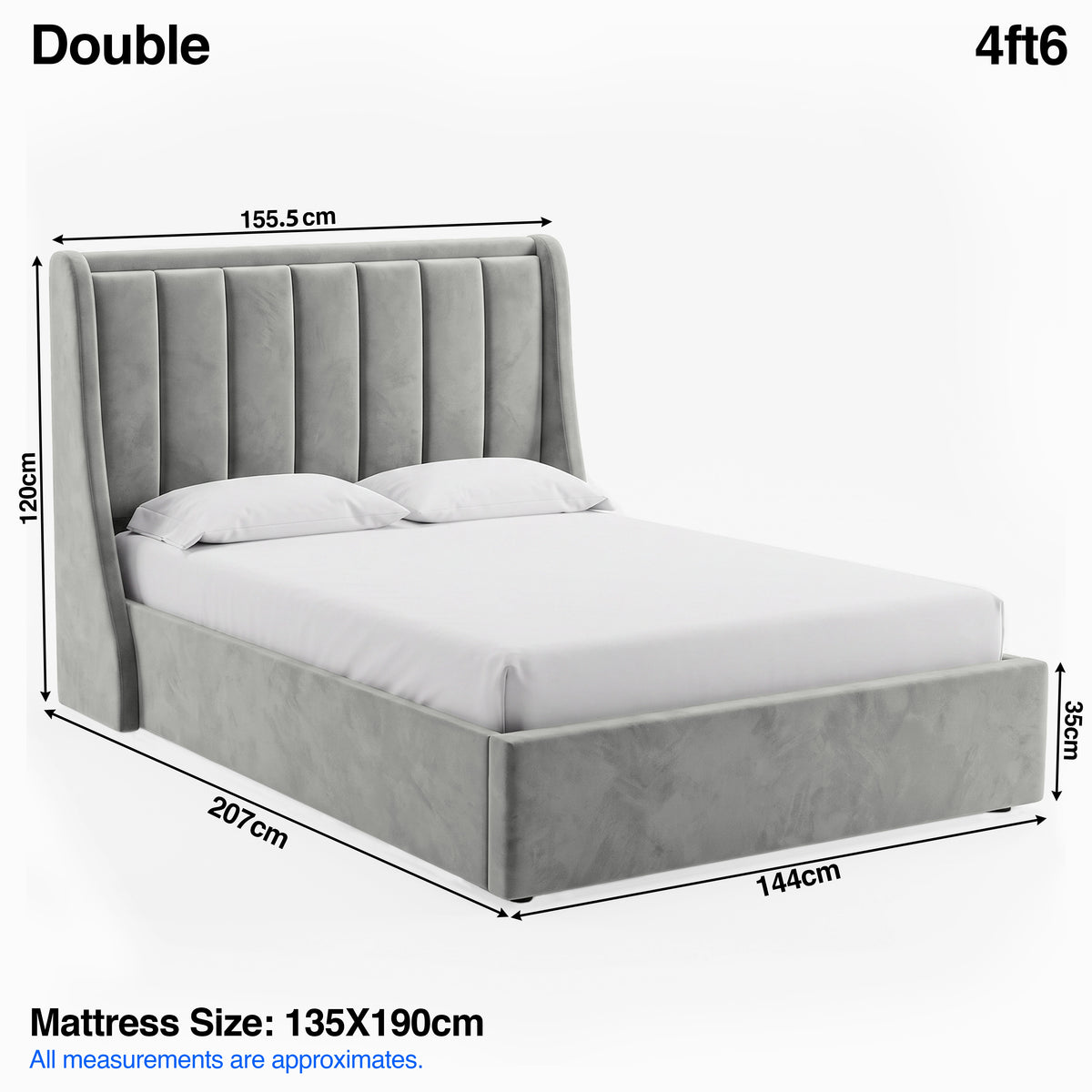 [Light Grey | Double] Bed dimensions: frame 155.5W x 207L x 120H cm, footboard 35 cm; mattress 135 x 190 cm
