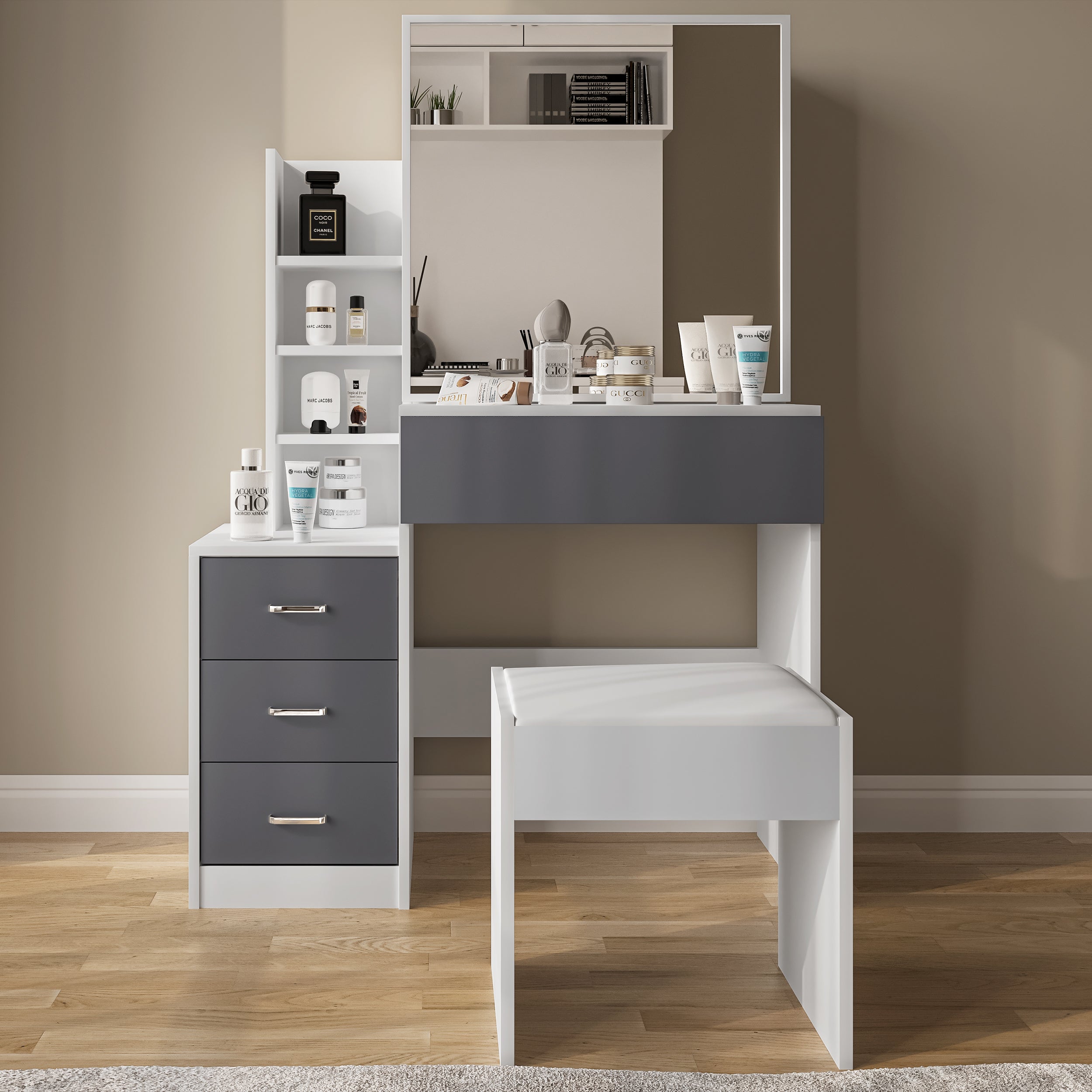 Stylish women's dressing table with mirror, storage drawers, and side shelves for bedroom