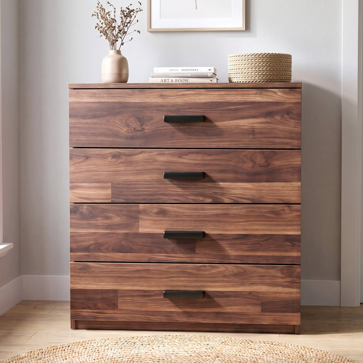 [Dark Bronx] Front view of wood rustic four-drawer chest with thick drawer fronts and black horizontal handles