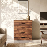 [Dark Bronx] A wooden chest of drawers with four drawers and dark metal handles, styled in a modern living room setting with a vase and books on top.