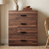 [Dark Bronx] Front view of wood rustic four-drawer chest with thick drawer fronts and black horizontal handles