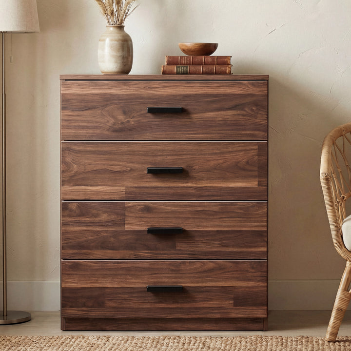 [Dark Bronx] Front view of wood rustic four-drawer chest with thick drawer fronts and black horizontal handles