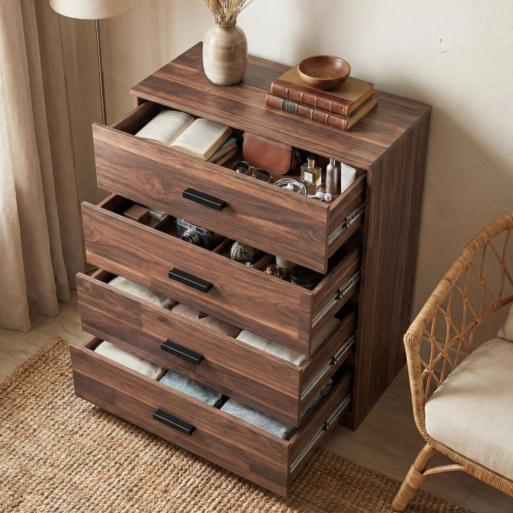 [Dark Bronx]  four drawer chest shown at an angle with drawers open, revealing storage depth and layout