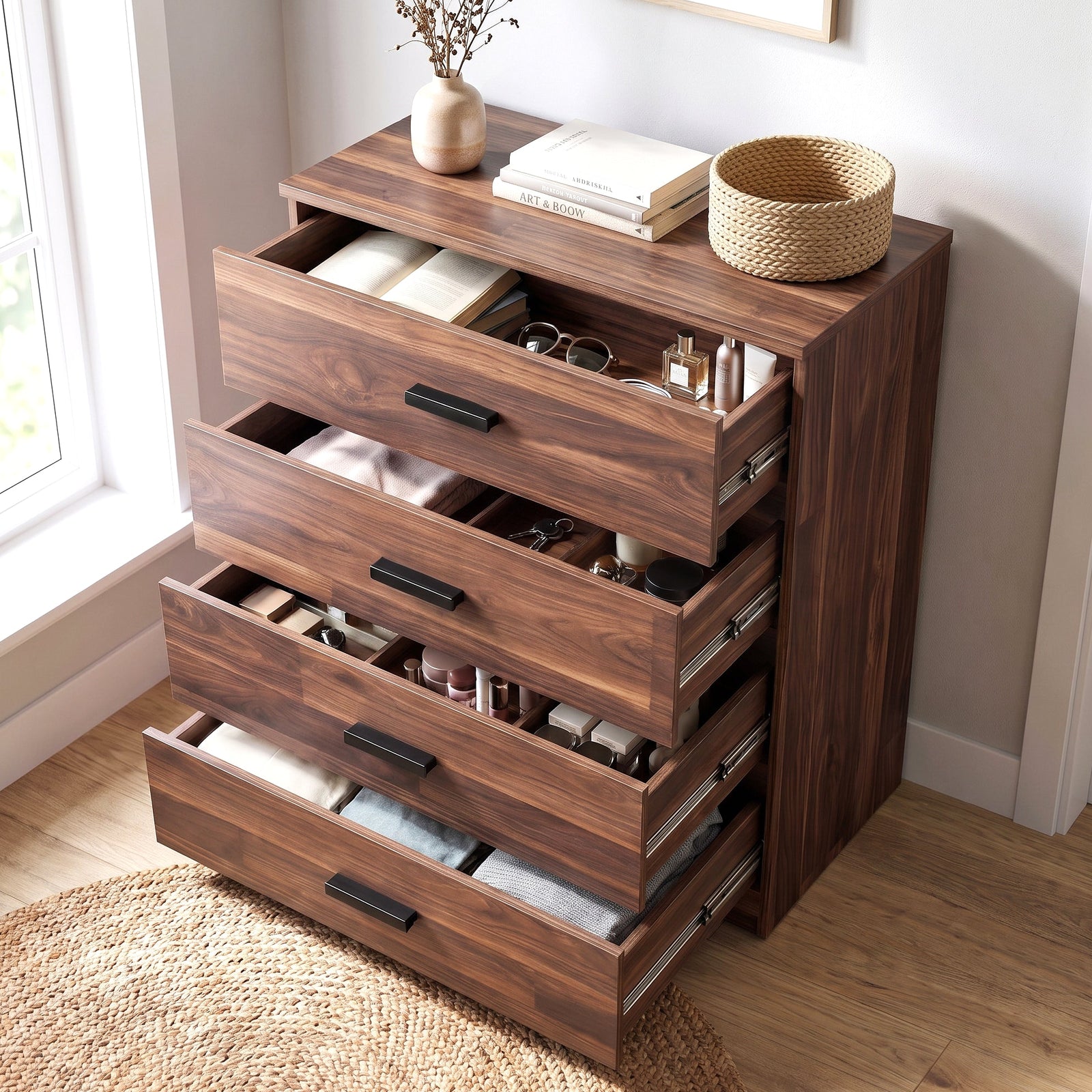 [Dark Bronx] 4-drawer dresser with black handles, shown in a bright room with all drawer pulled open to reveal storage compartments