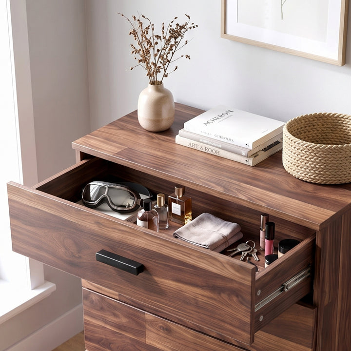 [Dark Bronx] nightstand with an open drawer showing cosmetics and accessories, styled in a bright room with a vase, books, and a woven basket on top.