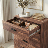 [Dark Bronx] Close view of wood rustic drawer interior showing organised storage space and natural wood finish