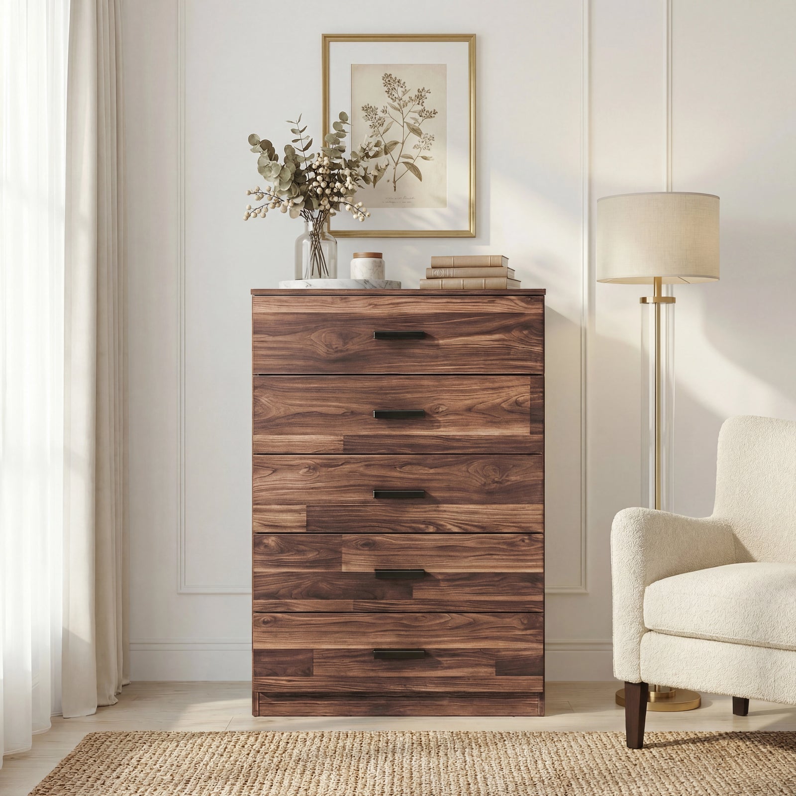 [Dark Bronx] Front view of wood rustic five drawer chest with thick drawer fronts and black bar handle