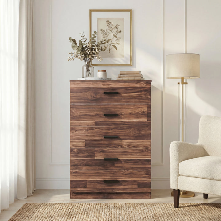 [Dark Bronx] Front view of wood rustic five drawer chest with thick drawer fronts and black bar handle