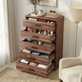 [Dark Bronx] five drawer chest shown at an angle with drawers open, revealing storage depth and layout