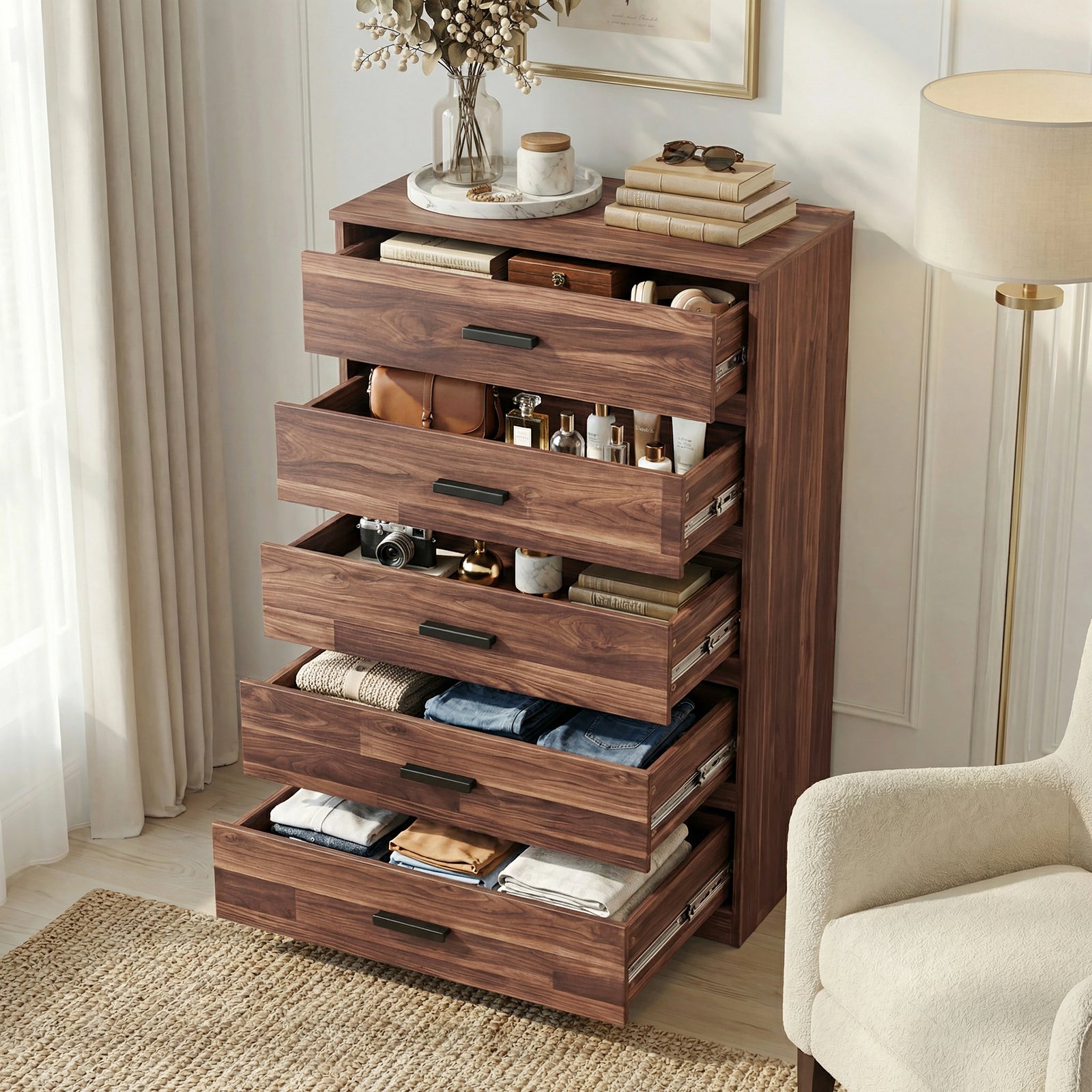 [Dark Bronx] five drawer chest shown at an angle with drawers open, revealing storage depth and layout