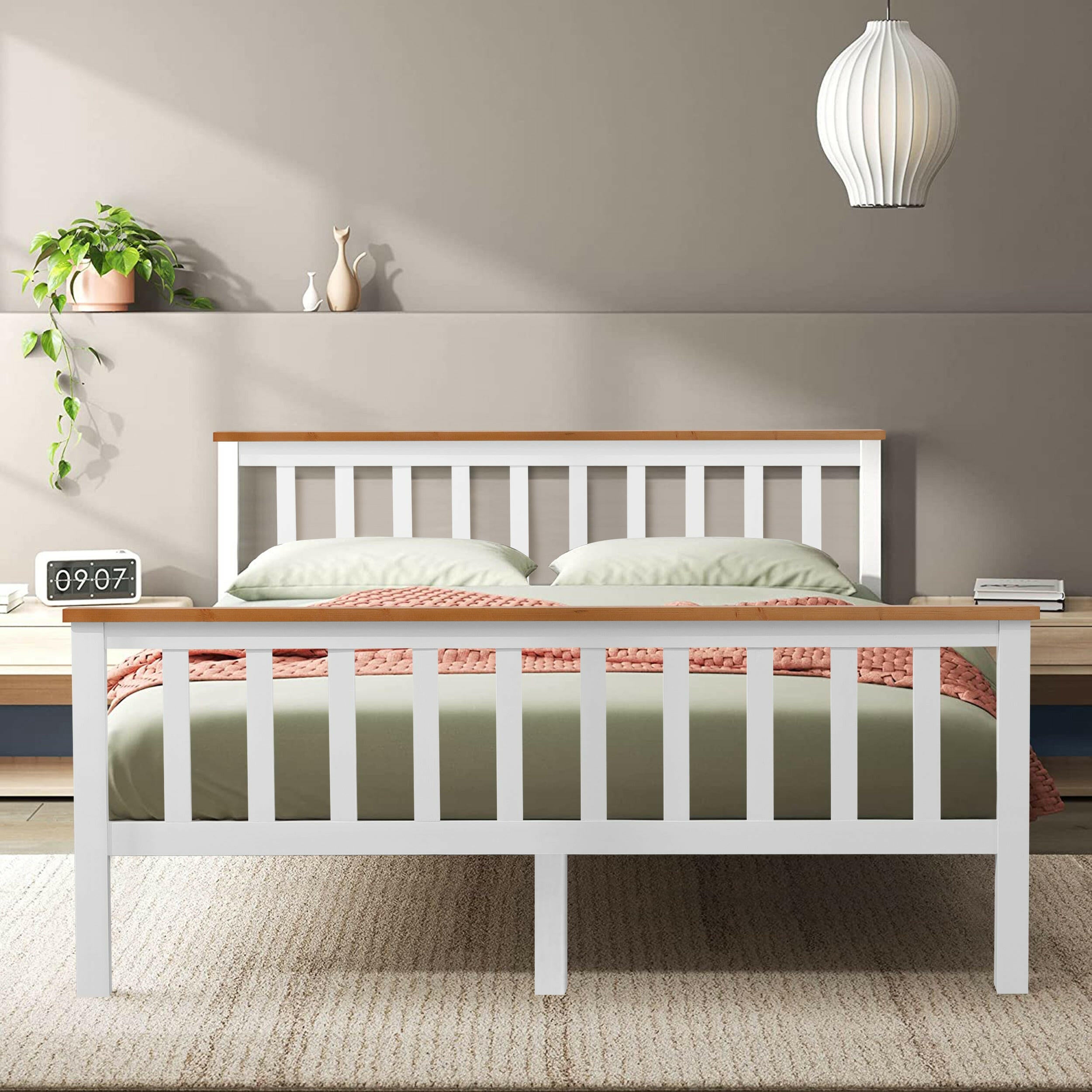 Stylish white wooden bed frame double with slatted headboard, natural wood accents.