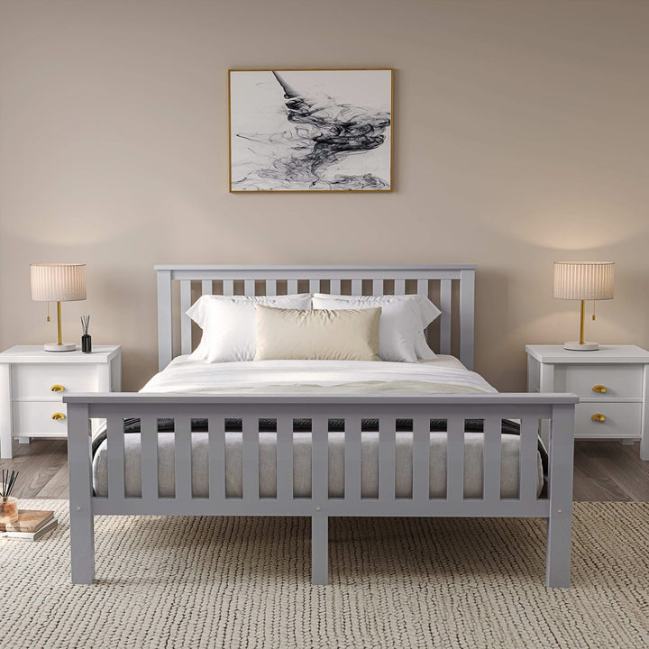 [Grey | King] Side angle grey king size wooden bed frame on jute rug with window light from the left