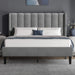 Vertical Line Velvet Upholstered Bed Frame in grey with channel tufted headboard, shown in king size with wooden slats and black legs. Ideal for modern bedrooms.