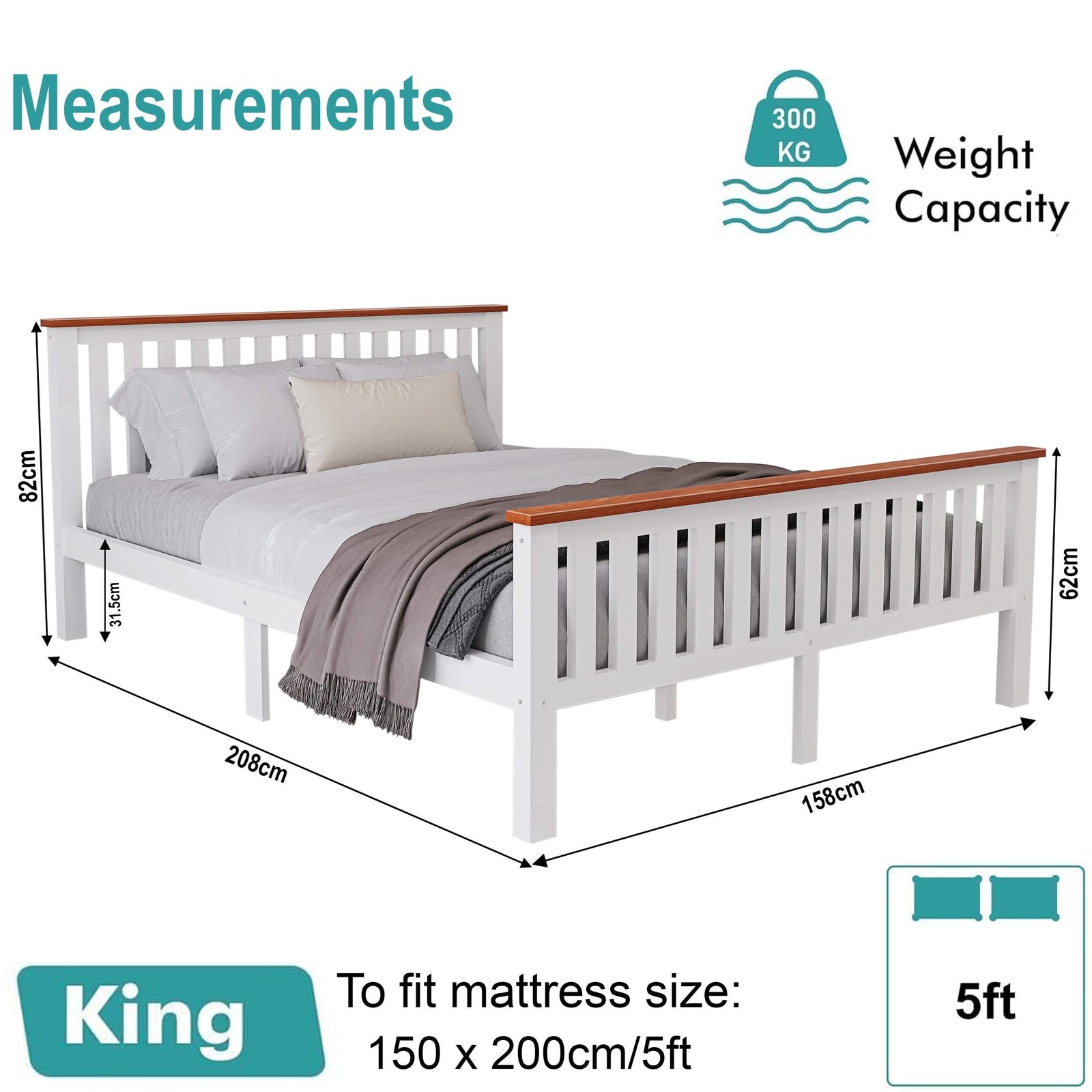 [White + Pine | King] Material card solid pine king size wooden bed frame with 450-550 kg/m3 density and rot resistance