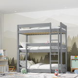 Grey bunk bed in a child's bedroom with a forest mural on the wall.
