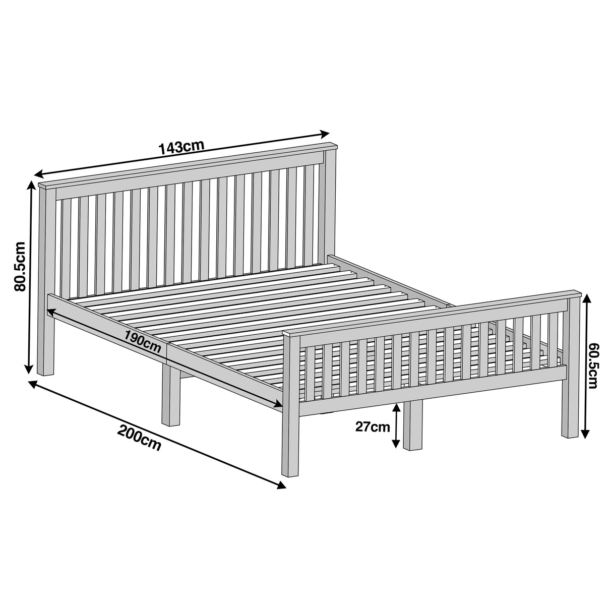 Grey wooden double bed frame size details in slatted pattern with 200 cm length, 98 cm width, and 80.5 cm height