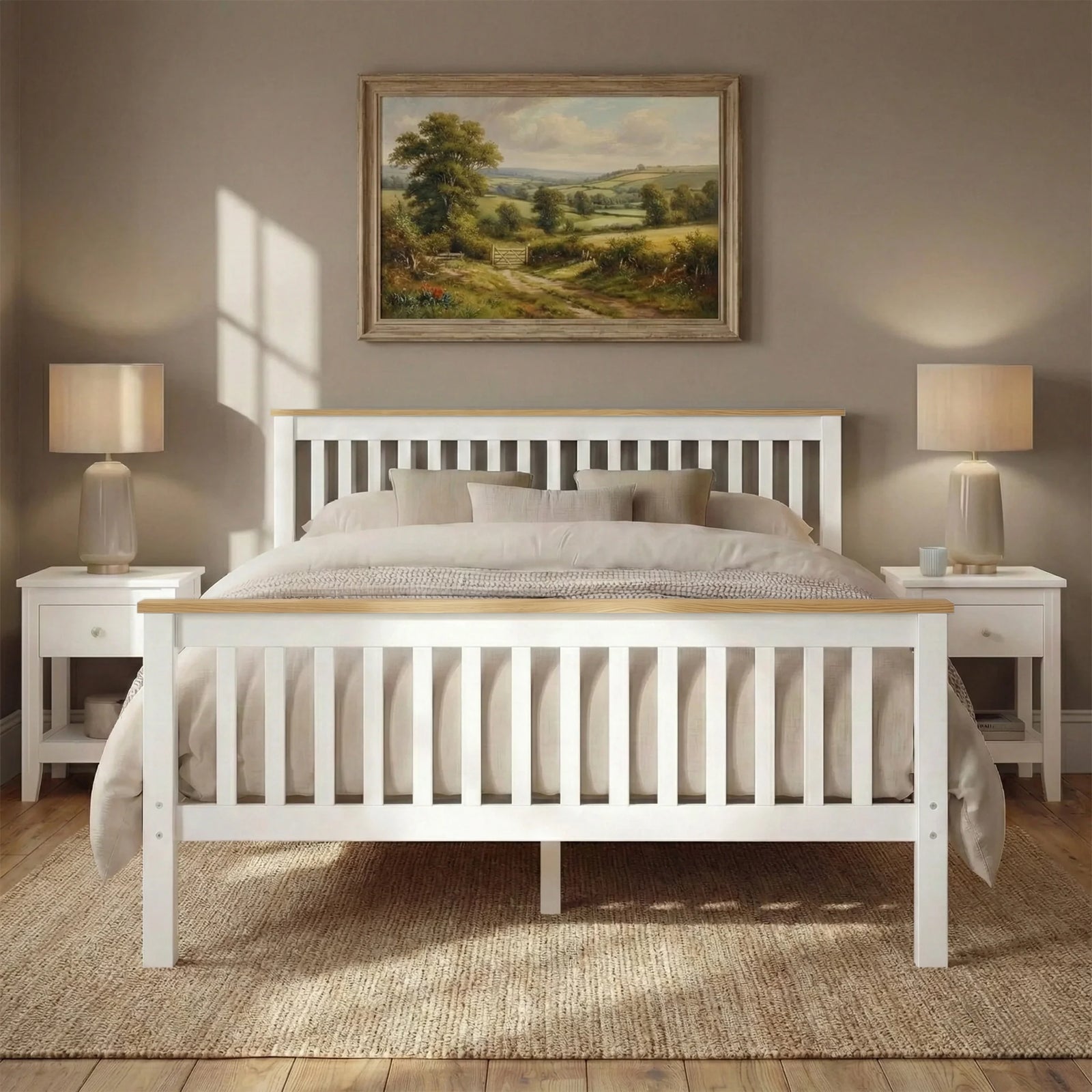 [White + Pine | Double] wooden bed in a bedroom with two lamps and a painting on the wall.