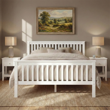 [White | Double] Wooden double bed frame straight on, flanked by nightstands, lamps and framed landscape painting